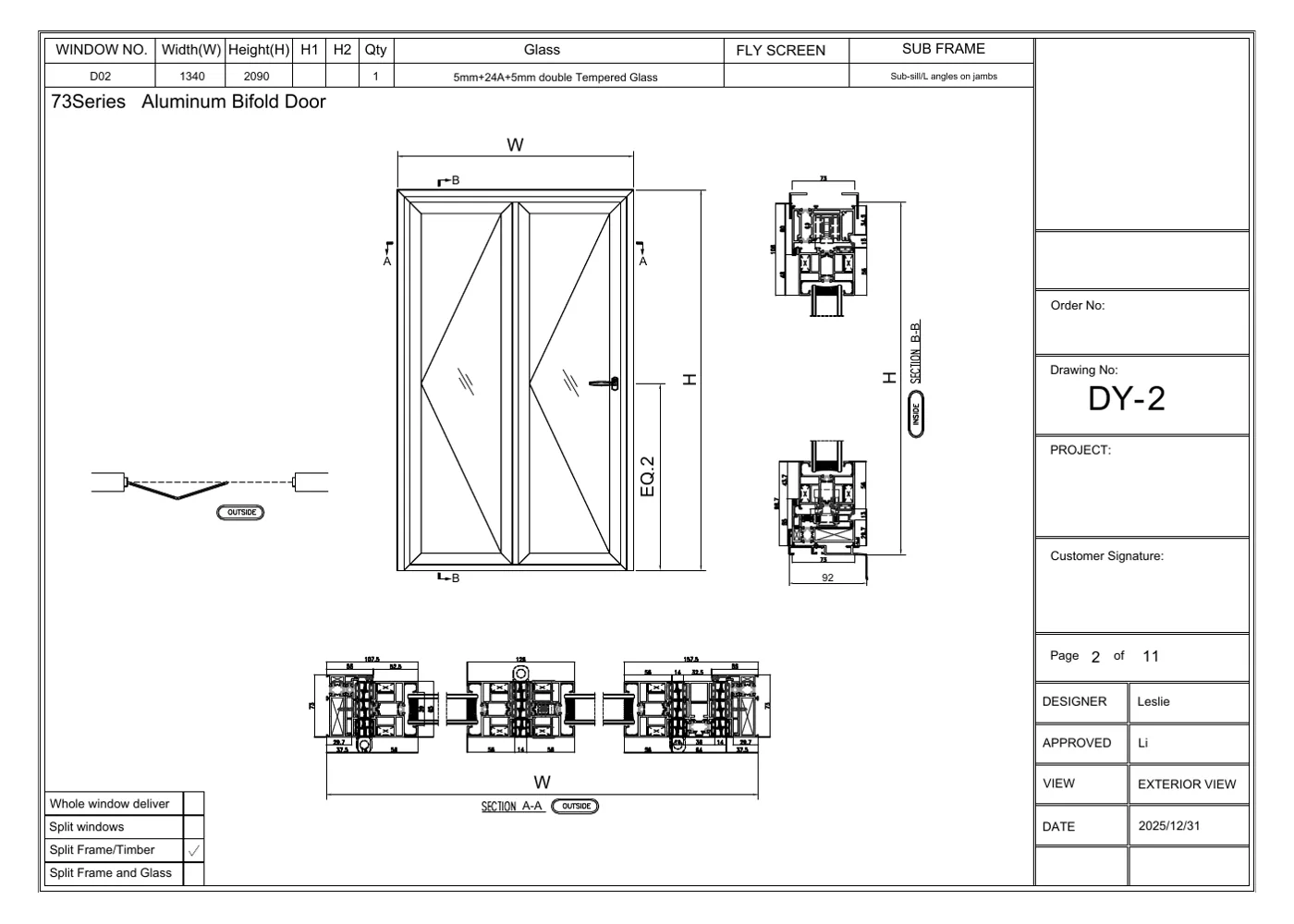 75 Series bifold door technical drawing