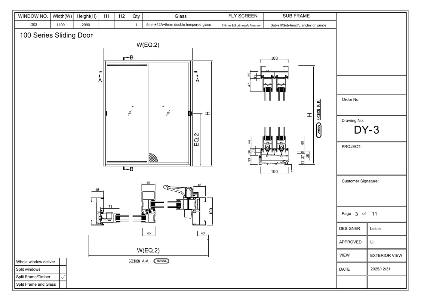 SU100 sliding door technical drawing